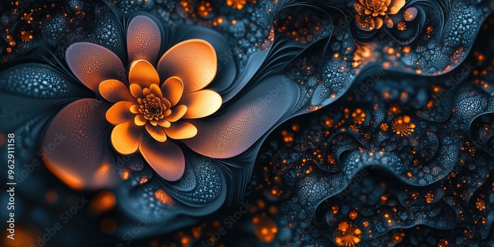 Poster Abstract fractal patterns and shapes in a 3D cartoon rendering Dynamic flowing natural forms flowers and spirals create a mysterious psychedelic relaxation pattern