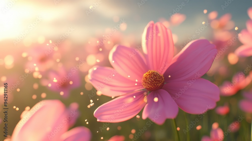 Poster pink cosmos with pollen particles on the petals in a 3d cartoon rendering on a summer day