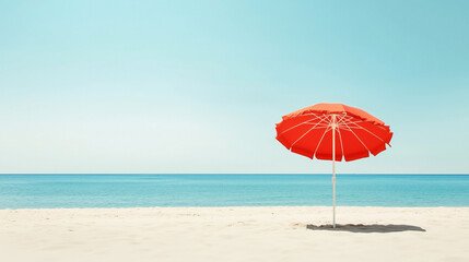 A vibrant beach umbrella standing tall on a sandy shore, offering shade and comfort under the warm summer sun.