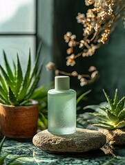Studio shot of a light green cream bottle on a stone, with aloe vera and flowing water creating an ethereal, quiet atmosphere.