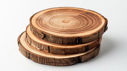 Wooden round saw cuts on white background for displaying cosmetic and body care products. Ample space for advertising.