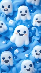 Fototapeta premium Vibrant blue background with happy ghost faces