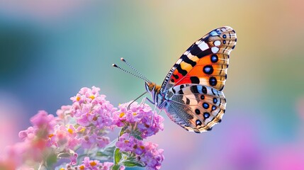 Vibrant Painted Lady a British Butterfly eating nectar off a flower