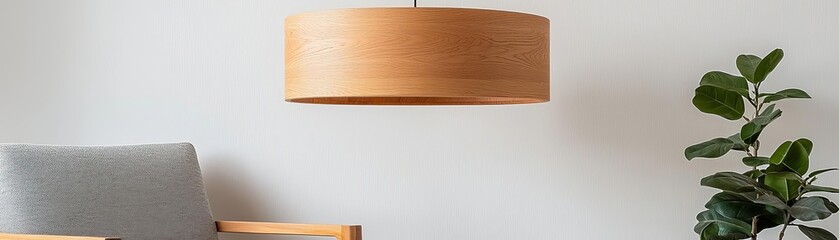 Naklejka premium Modern Wooden Chandelier Design, minimalist living room, natural wood tones, Scandinavian style, neutral palette, serene and elegant