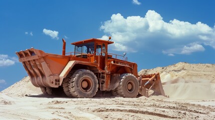 Obraz premium A large orange bulldozer digs through a sandy landscape under a bright, blue sky, emphasizing the power of machinery against nature.