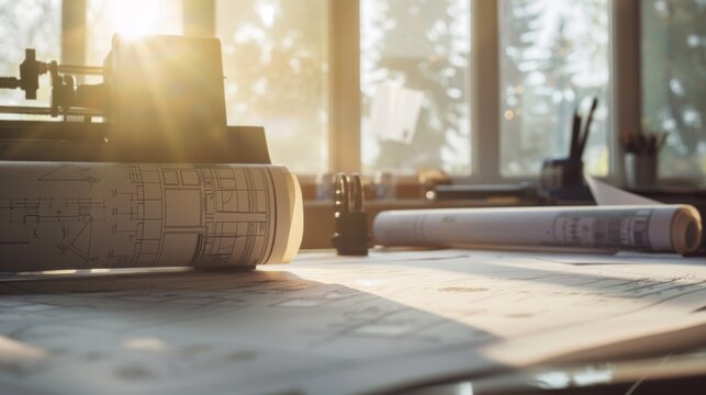 Sunlight filters through a window onto a drafting table covered with blueprints and drafting tools, suggesting a serene and productive workspace for design and planning.