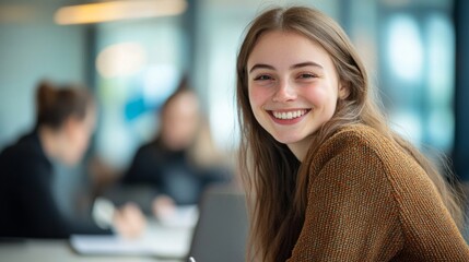 Fototapeta premium A young woman smiles warmly in a modern office space. Her positive energy shines through as she engages with her friends. This joyous image captures collaboration and friendship. AI