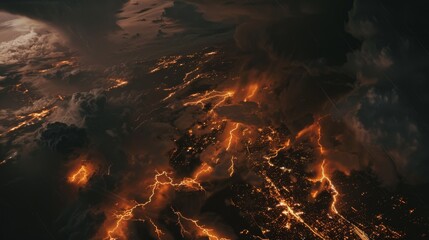 An otherworldly aerial view of a stormy landscape with dramatic lightning bolts cutting through the dark clouds, casting an ominous glow over the terrain.