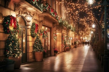 Fototapeta premium Christmas lights and decorations on street of Colorado at night, festive holiday atmosphere