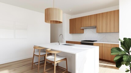 Fototapeta premium Elegant Wooden Chandelier in a Modern Kitchen, white marble island, warm wood cabinets, clean aesthetic, cozy family space