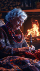 Fototapeta premium Elderly Woman Knitting by Cozy Fireplace