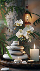 Spa Setup with Zen Stones and Orchid Flowers