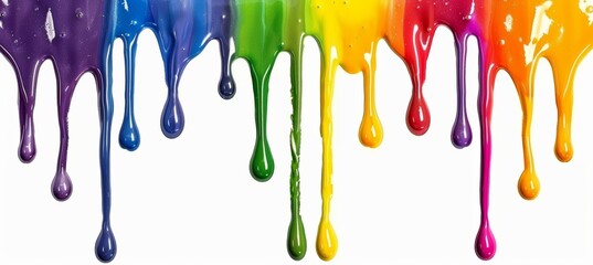 rainbow paint drips isolated on white background. colorful paint flowing down a white surface
