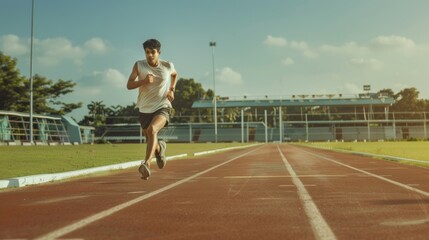 Fototapeta premium A determined runner sprints on an empty track under the sun, exuding a powerful sense of speed, focus, and athletic ambition.