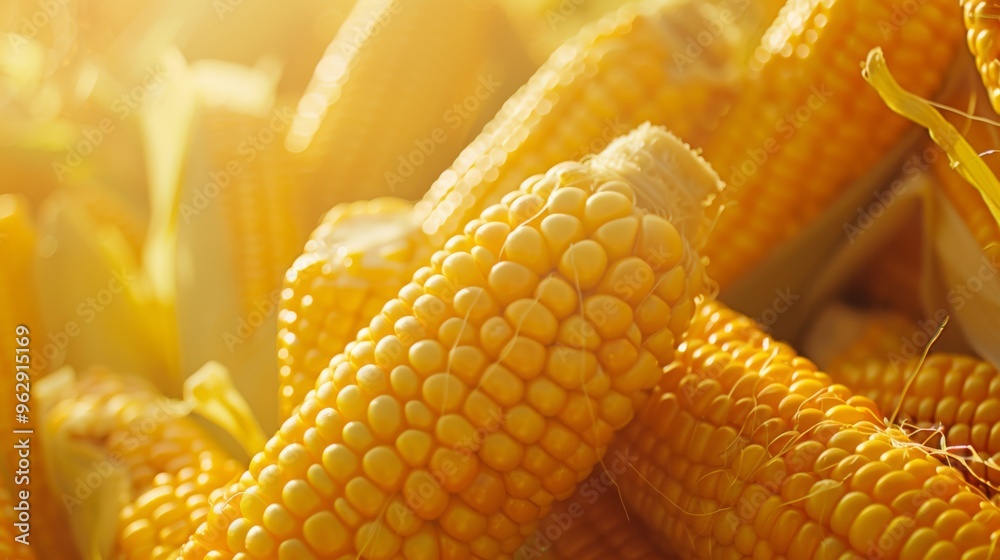 Poster A close-up of harvested corn cobs gleaming in the golden sunlight, capturing the essence of bountiful harvest and agricultural abundance.