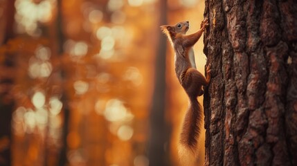 Fototapeta premium Against a backdrop of rich, autumn foliage, a squirrel energetically climbs a tree, embodying the spirit and vibrancy of the forest in fall.