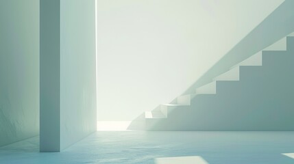 Fototapeta premium A pristine, minimalist white stairway illuminated by soft, natural light creates an airy, serene atmosphere.