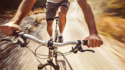 Obraz premium A cyclist navigates a rugged trail at high speed, capturing the thrill and intensity of mountain biking against a blurred natural landscape.