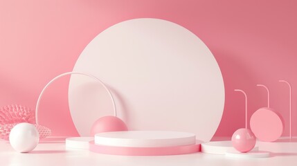 Fototapeta premium A pink and white minimalist setup with geometric shapes, creating an abstract, modern artistic composition.