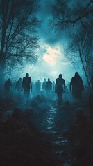 Zombies emerging from their graves on Halloween night