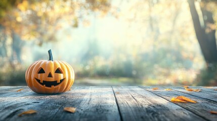 Wooden surface with Halloween pumpkin on blurred rustic countryside seasonal autumn background. Banner with copy space. Template showcase scene for display, montage, advertising product.