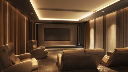 A private home theater with plush seating, soft ambient lighting, and a large screen, perfect for an immersive movie experience.