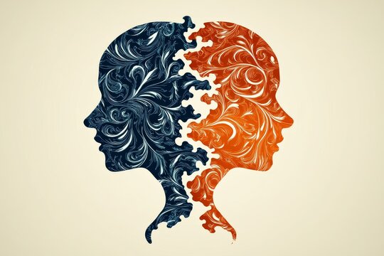 Neural cognition Basal ganglia Abstract silhouette of two faces one in blue and the other in orange merging through puzzle pieces to represent intellectual connection and duality