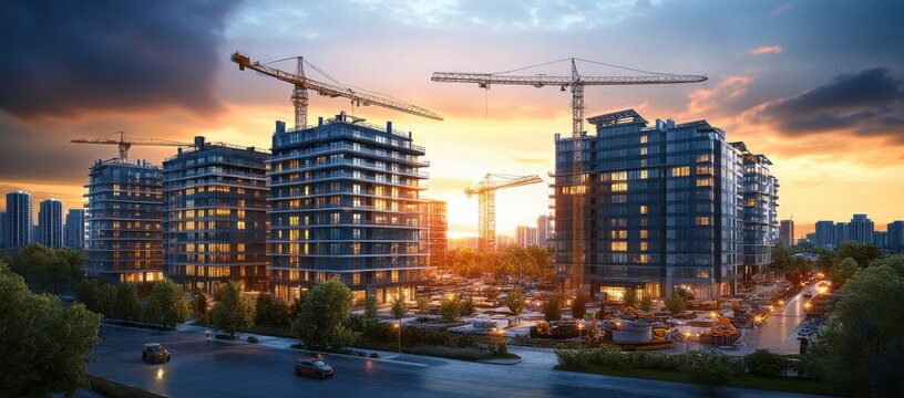 Residential complex under construction with cranes at sunset - Powered by Adobe