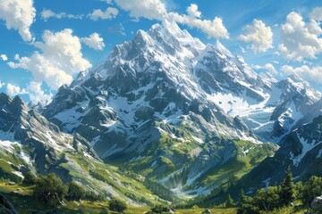 Naklejka premium Winter’s Embrace Snow-Capped Mountains Overlooking Fertile Valleys