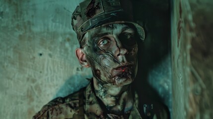 A soldier, with a scruffy appearance and a haunting look in his eyes, stands in a dimly lit, decrepit corner, evoking a sense of desolation.