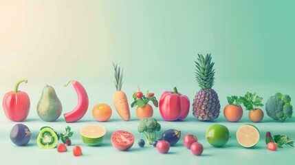 A cheerful array of fresh fruits and vegetables, meticulously arranged against a pastel background, evoking healthy and vibrant living.