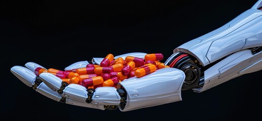 A robotic hand holds a pile of red and orange pills, symbolizing the future of healthcare and the role of technology in medicine.