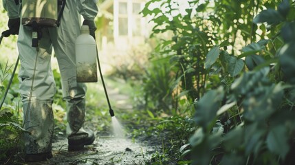 A gardener in protective gear sprays plants in a lush, green garden, emphasizing the care and dedication to maintaining healthy plant life.