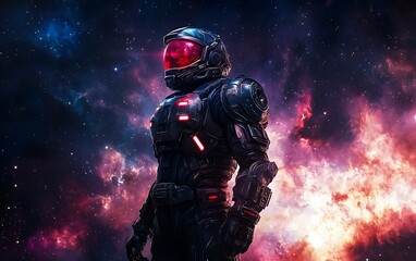 Naklejka premium Futuristic Space Marine in Exosuit with Glowing Red Visors Against Deep Space Nebula - Sci-Fi Warrior Portrait