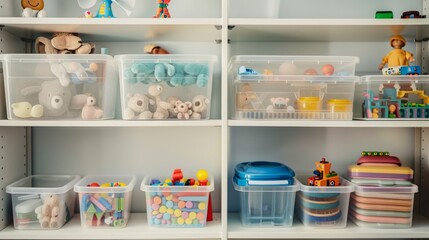 A neatly organized storage shelf filled with children's toys and plush animals, showcasing an orderly and colorful display.
