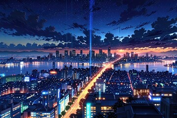 Fototapeta premium Dusk Over City with Reflective Waters..