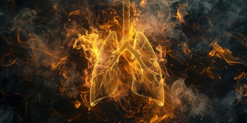 Golden lungs suspended in darkness, illuminated by soft glowing light with swirling smoke around them.