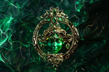 Fototapeta premium A gold and emerald jewel pendant with a female face in the center is displayed against a dark, swirling green background.