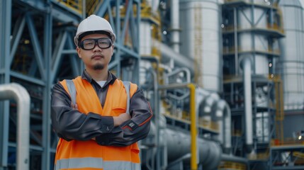 Industrial worker with a confident stance, wearing a hardhat and safety vest, standing against the complex structure of a power plant.