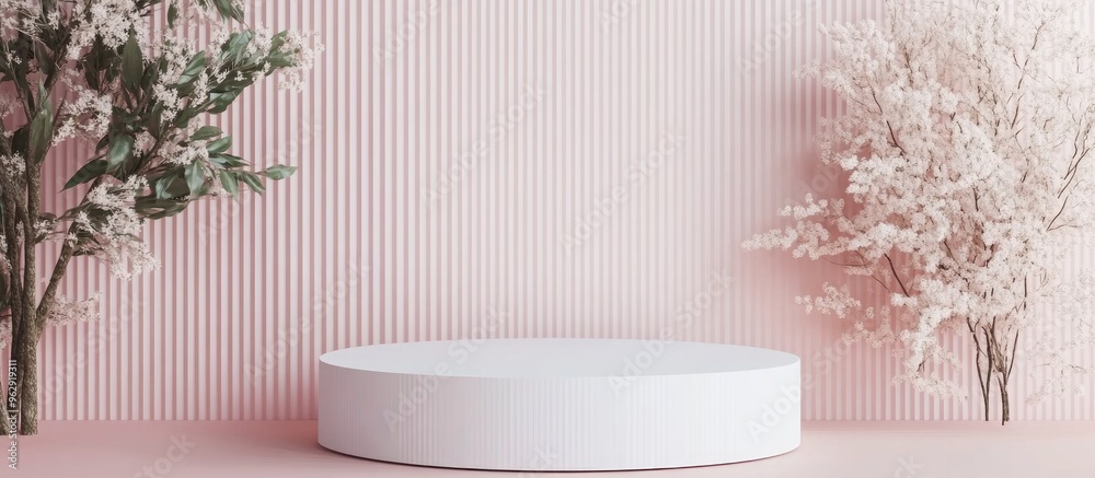 Poster Minimalist podium mock up for product display with abstract white geometric shapes and a pink background designed for Valentine s Day featuring 3D rendering