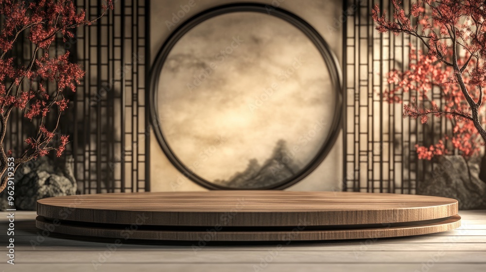 Poster Empty platform with traditional Asian background 3D rendering