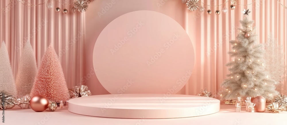 Poster Festive product showcase podium with decorative backdrop in 3D rendering