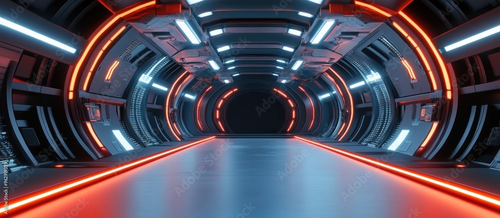 Poster Futuristic interior featuring an empty stage Modern background with a technology sci fi high tech concept 3D rendering