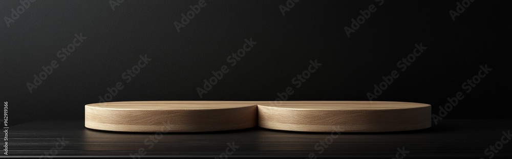 Poster cosmetic wood podium on a black background template for product showcase 3d rendering