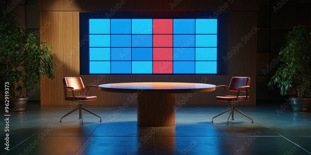 Poster Wooden table and chairs on a stand with an LED screen backdrop in a news studio 3D rendering