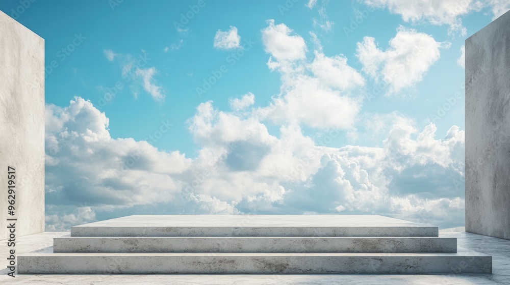 Aufkleber cement pedestal for product presentation concrete platform under a blue sky with clouds blank illumi
