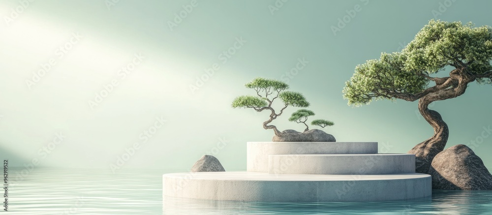 Poster cylindrical concrete podium for product display on rippled water featuring a sea green background ad