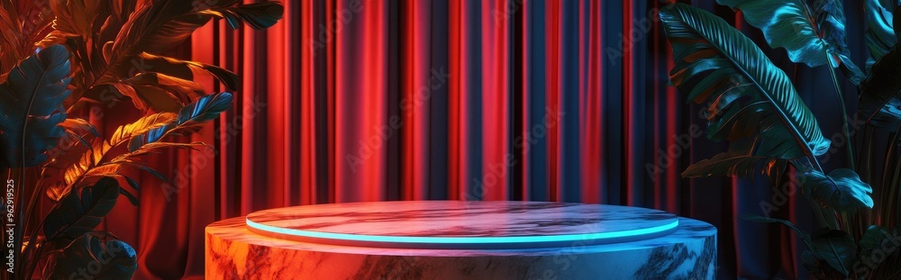 Poster marble display podium with shadows and natural leaves against a brown curtain backdrop 3d rendering