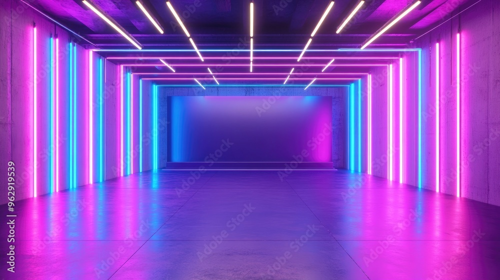 Poster modern empty stage in a reflective room featuring glowing purple and blue neon tubes 3d rendering