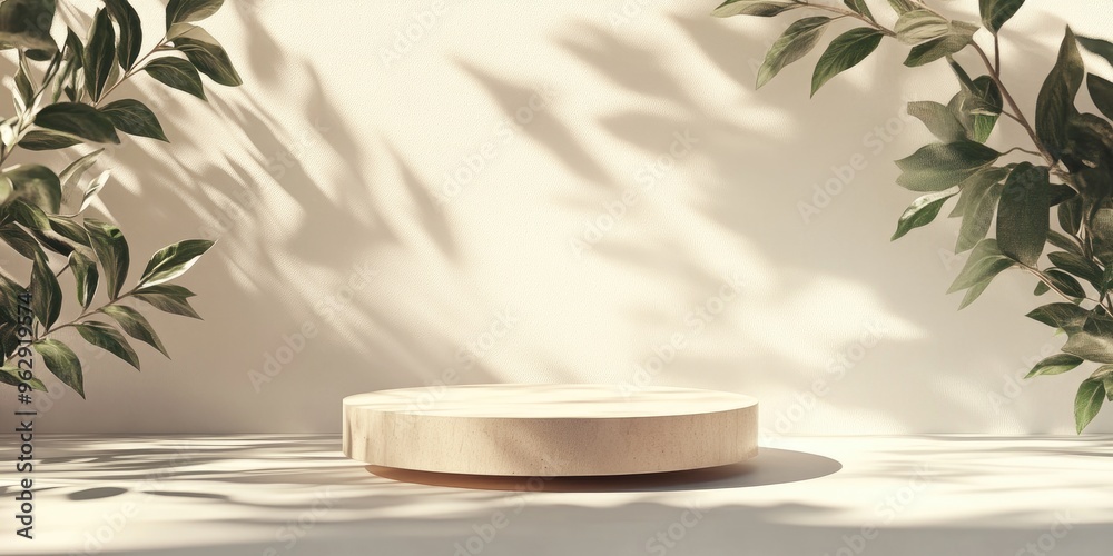 Poster product presentation pedestal featuring shadowed natural leaves on a light background 3d rendering